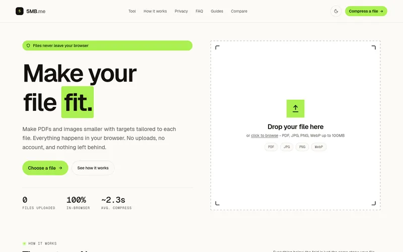 5mb.me - Compress PDFs and images privately in your browser - fast, free, with no uploads or account required.