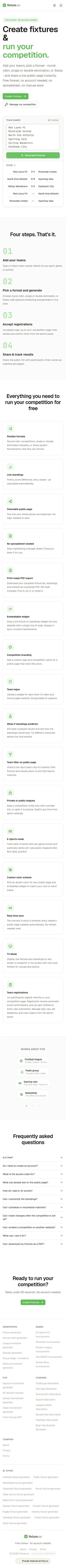 Fixture.cc - Create and manage free tournaments with fixtures, brackets, live standings and shareable public pages.
