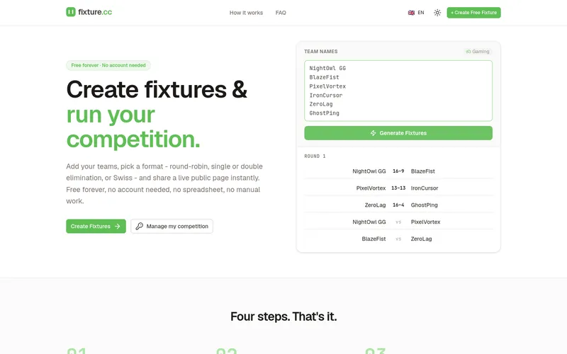 Fixture.cc - Create and manage free tournaments with fixtures, brackets, live standings and shareable public pages.