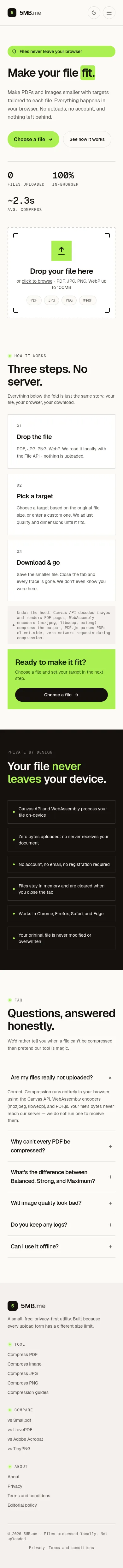 5mb.me - Compress PDFs and images privately in your browser - fast, free, with no uploads or account required.